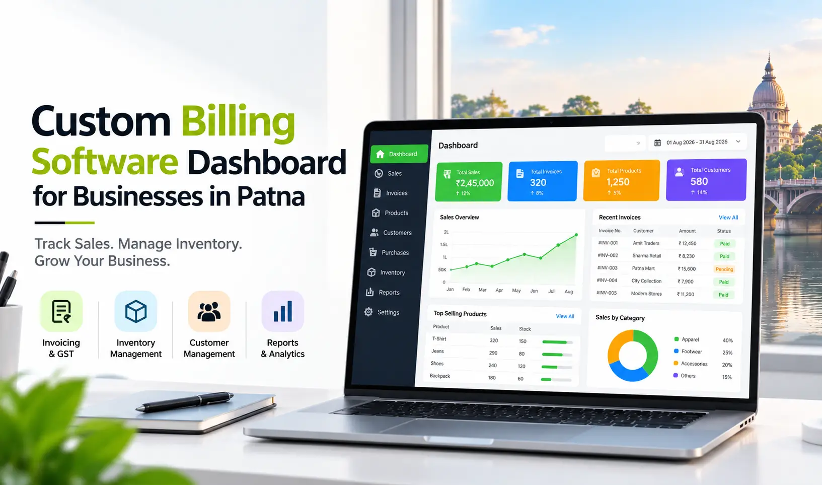 Custom billing software dashboard with billing and inventory management