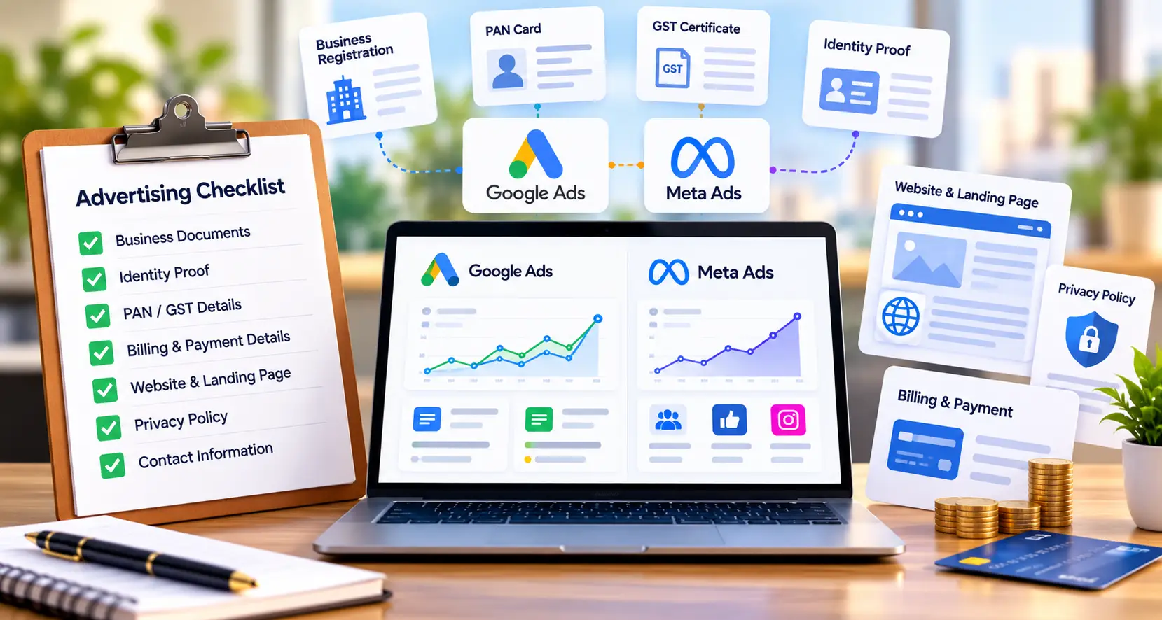 Business documents billing details and website checklist for online advertising