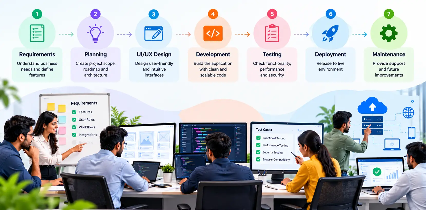 Custom software development process from requirements and design to testing and deployment