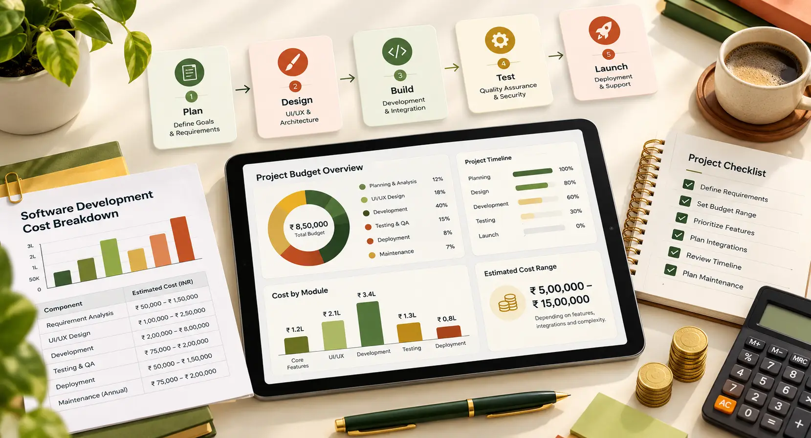 Business software budgeting dashboard showing project costs and development planning